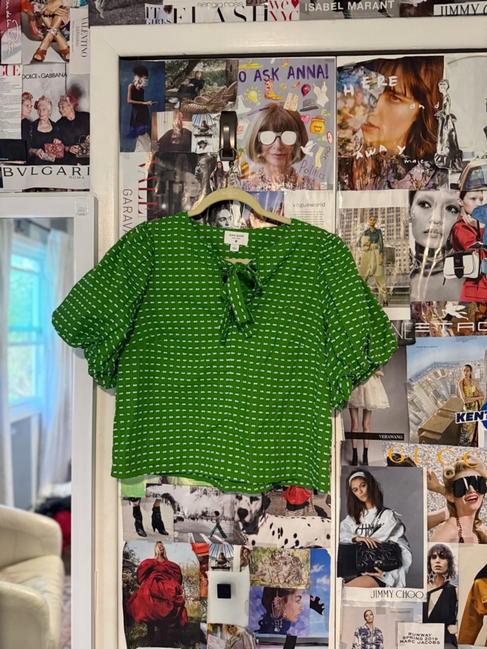 kate spade Green Tie-Neck Short Puff Sleeve Blouse with White Micro-Dot Pattern